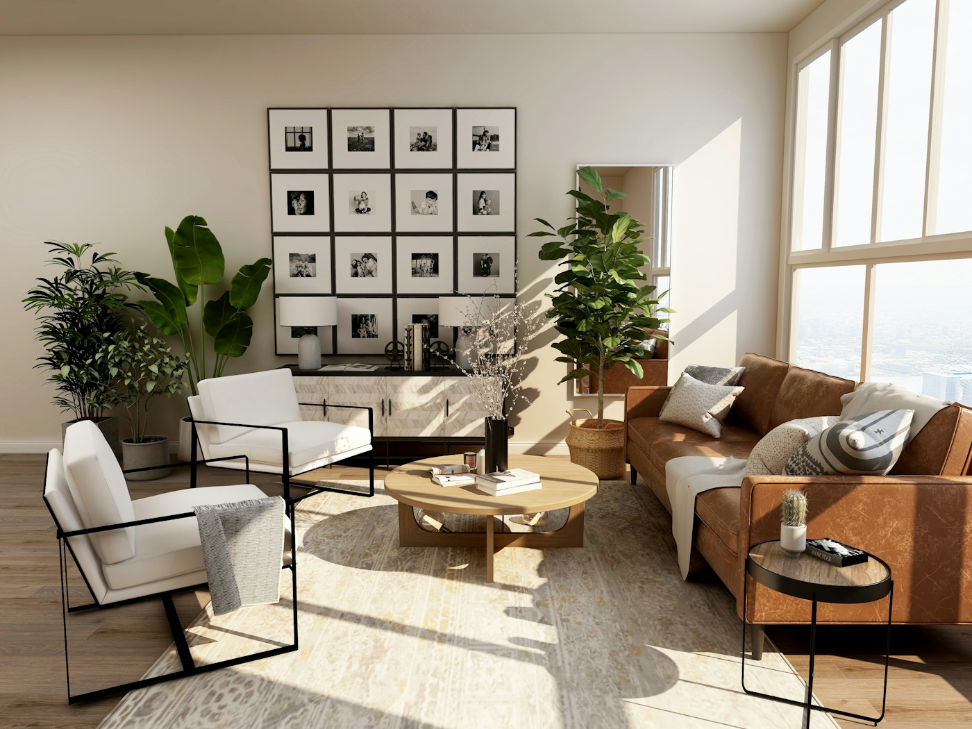 Warm, sunlit hotel bedroom with a large bed and soft neutral furnishings